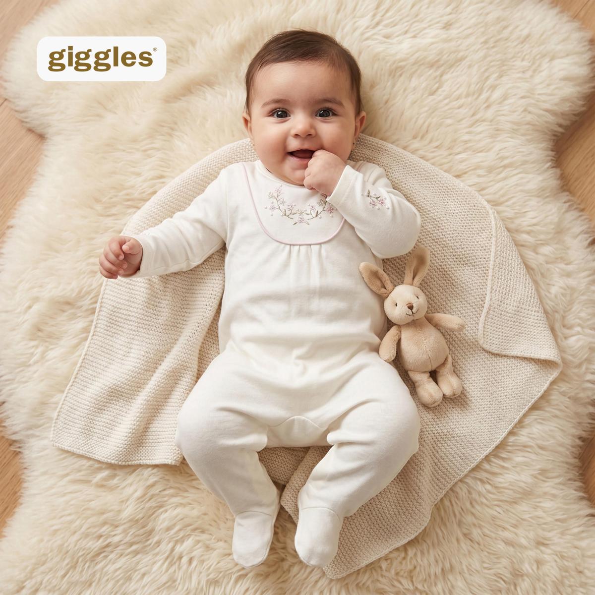 Giggles Round Neck Long Sleeves Sleepsuit with Floral Embroidery
