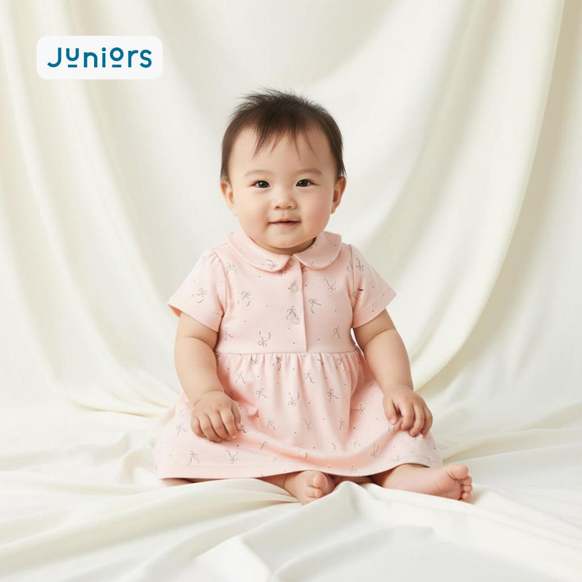Juniors Bow Print A-line Dress with Short Sleeves